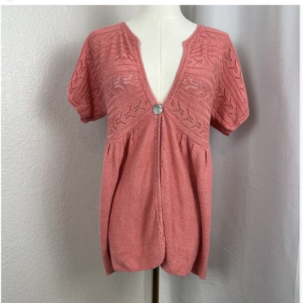 J Jill Womens Linen Blend Babydoll Cardigan Size XL Pink Open Knit Boho Romantic
